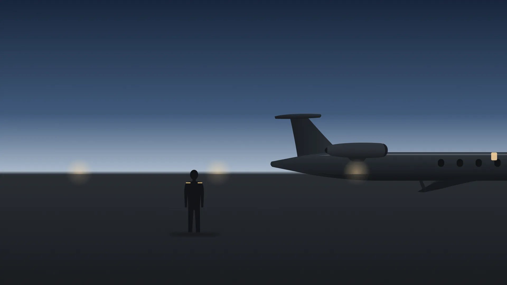 Piloto caminando hacia un jet ejecutivo en la plataforma al anochecer