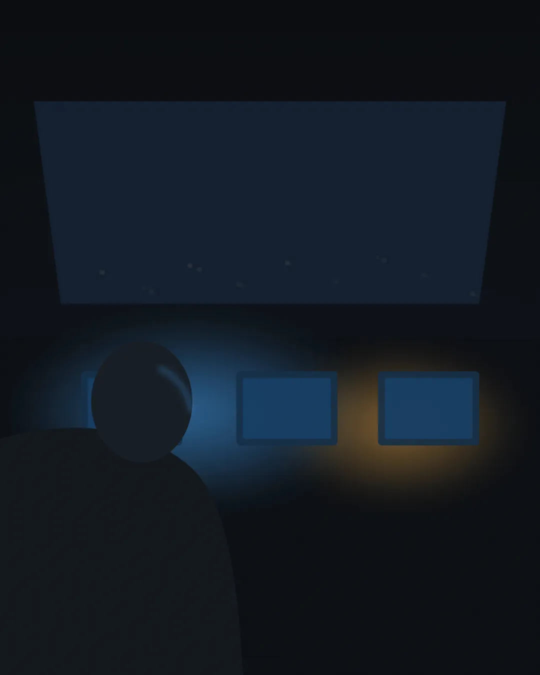 Piloto en cabina de noche, con la luz de los instrumentos