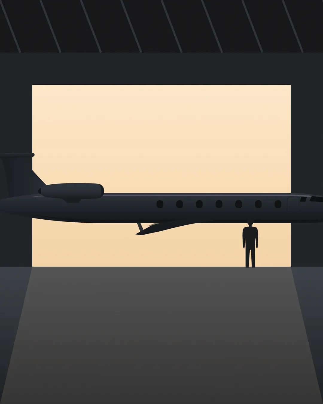 Jet ejecutivo en un hangar al amanecer